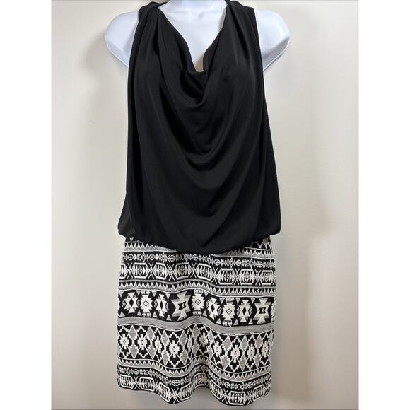 Fifteen Twenty Black Cowl Neck Halter Back Geo Tribal Knit Drop Waist Dress M - Picture 1 of 10
